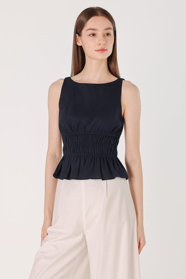 ASTER LINEN ELASTIC RUCHED WAIST TOP (NAVY)