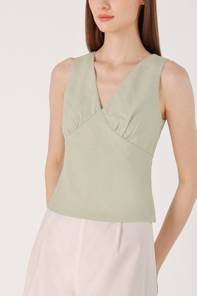 RICO LINEN V-NECK EYELET TRIM TOP (SAGE)