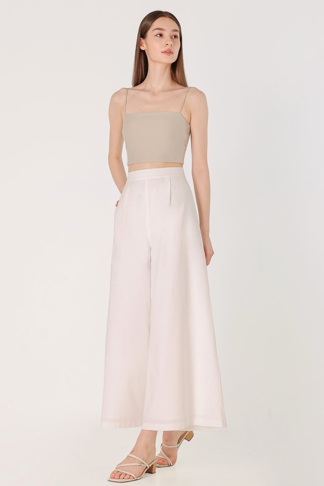 LAKEN LINEN SINGLE PLEAT FLARE PANTS - PETITE (WHITE)