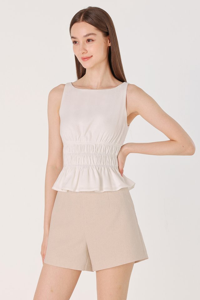 ASTER LINEN ELASTIC RUCHED WAIST TOP (WHITE)