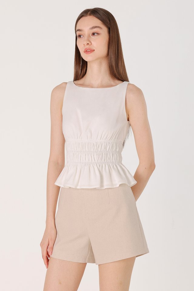 ASTER LINEN ELASTIC RUCHED WAIST TOP (WHITE)