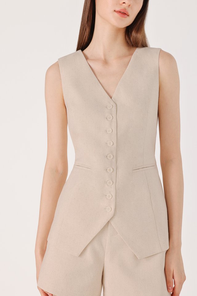 TABBIE LINEN WELT POCKET TIE-BACK VEST TOP (NATURAL)