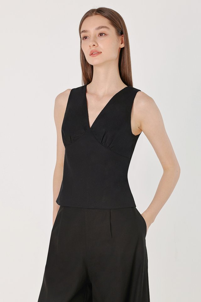 RICO LINEN V-NECK EYELET TRIM TOP (BLACK)