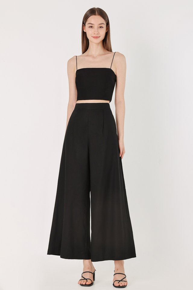 LAKEN LINEN SINGLE PLEAT FLARE PANTS - PETITE (BLACK)