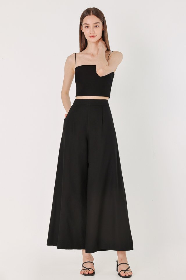 LAKEN LINEN SINGLE PLEAT FLARE PANTS - REGULAR (BLACK)