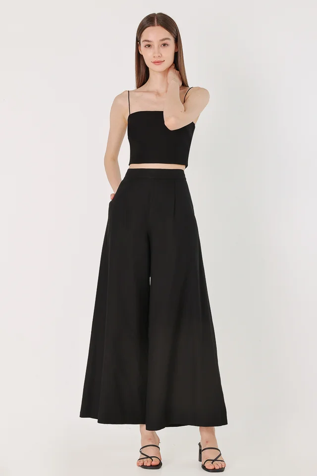LAKEN LINEN SINGLE PLEAT FLARE PANTS - REGULAR (BLACK)