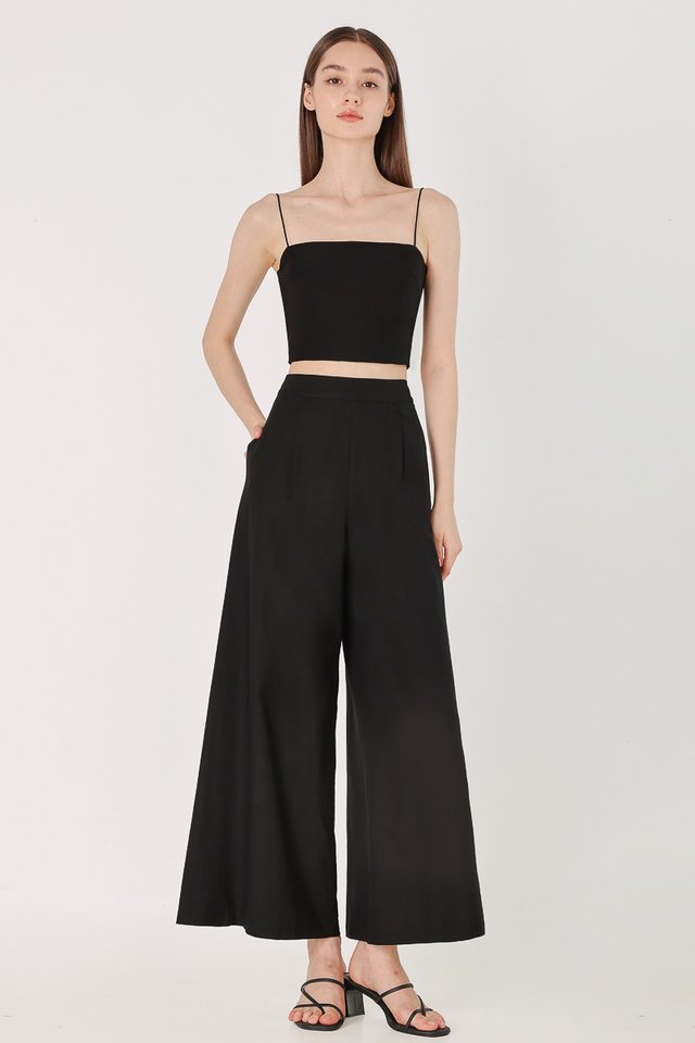 LAKEN LINEN SINGLE PLEAT FLARE PANTS - PETITE (BLACK)