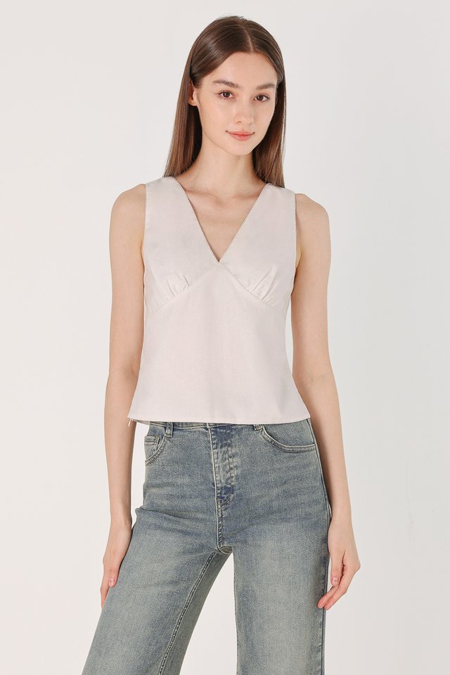 RICO LINEN V-NECK EYELET TRIM TOP (WHITE)