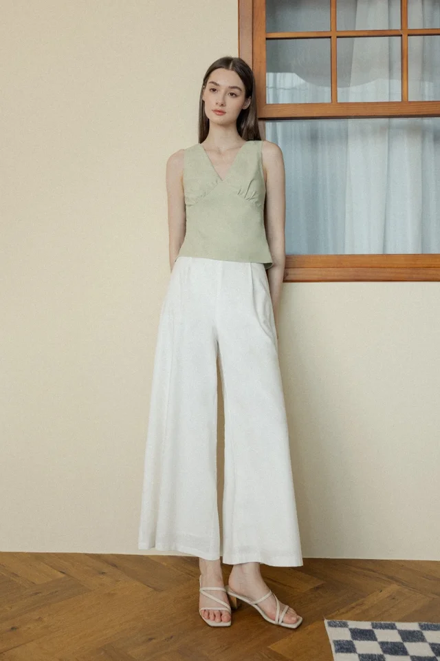 LAKEN LINEN SINGLE PLEAT FLARE PANTS - REGULAR (WHITE)