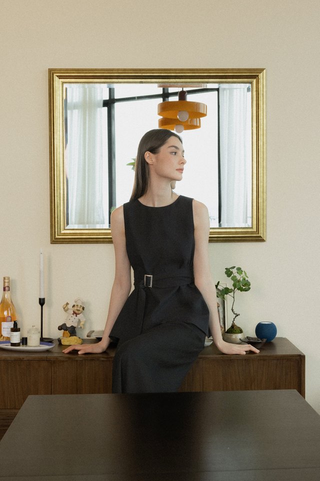 ABILENE LINEN BELTED TOP (BLACK)