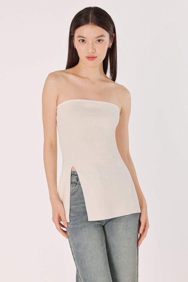 CARYN FRONT SLIT LONGLINE TUBE KNIT TOP (WHITE)