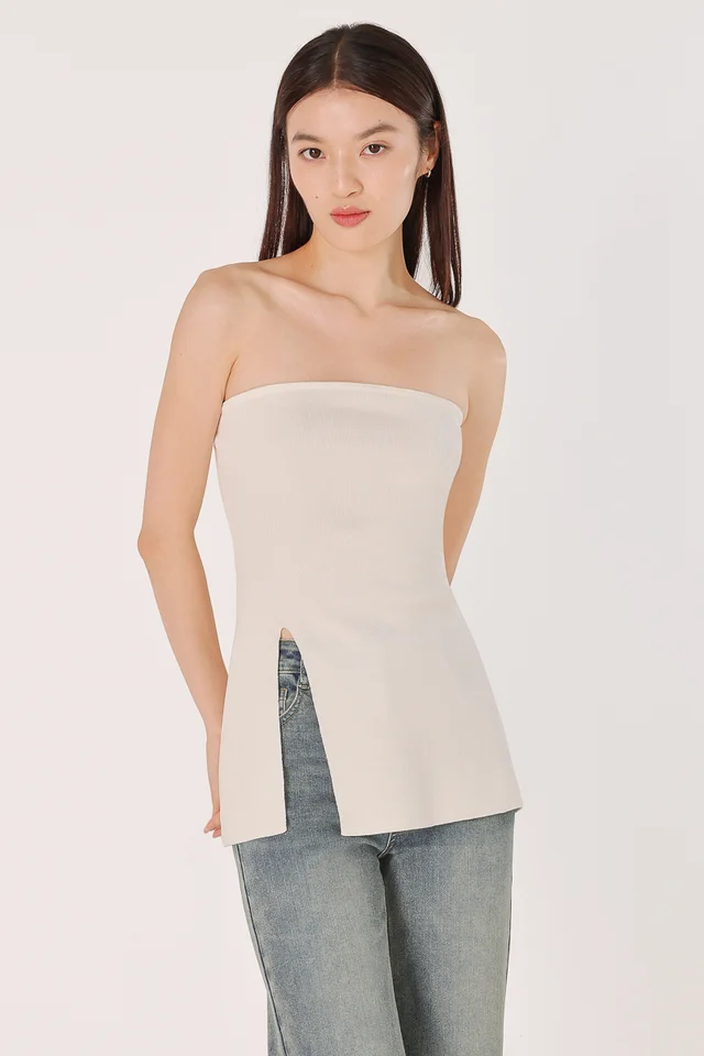 CARYN FRONT SLIT LONGLINE TUBE KNIT TOP (WHITE)