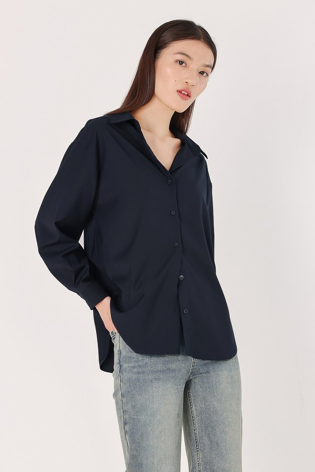 WYNSTON COTTON POPLIN BUTTON UP SHIRT (NAVY)
