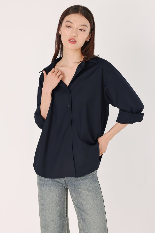 WYNSTON COTTON POPLIN BUTTON UP SHIRT (NAVY)