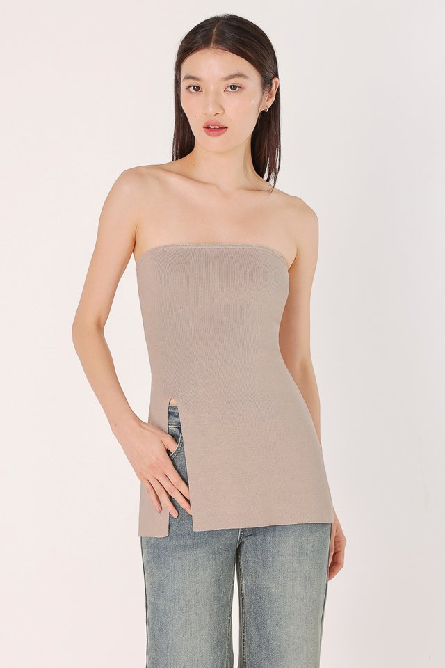 CARYN FRONT SLIT LONGLINE TUBE KNIT TOP (TAUPE)