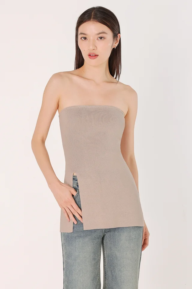 CARYN FRONT SLIT LONGLINE TUBE KNIT TOP (TAUPE)