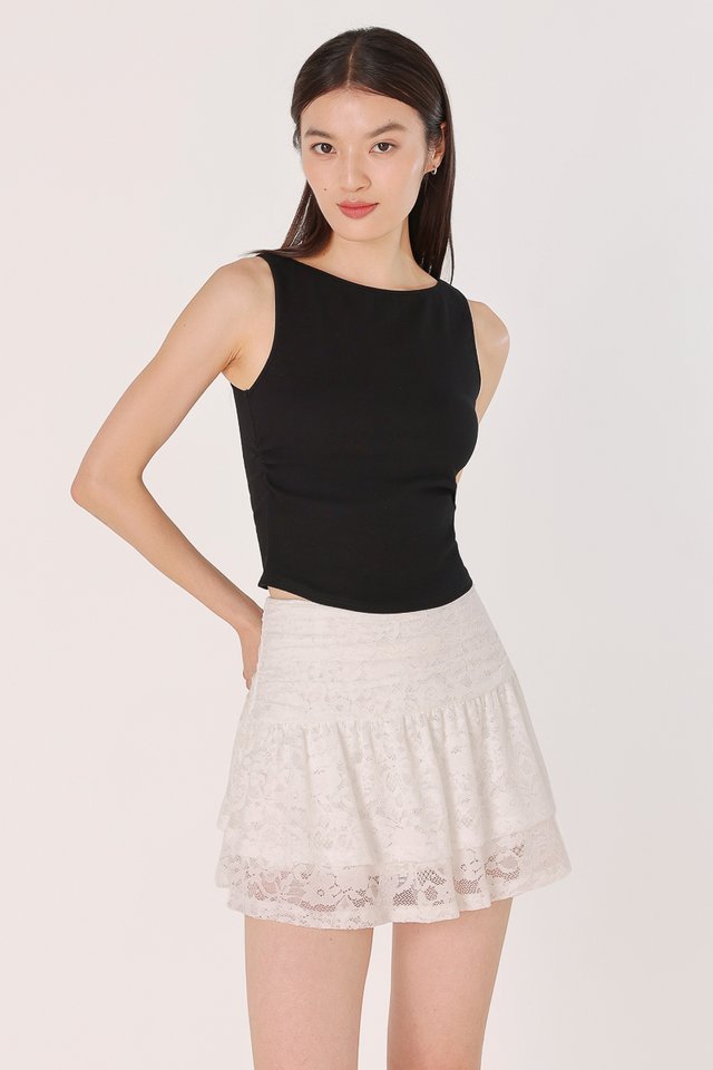 ERIS PADDED BOAT NECK SIDE RUCHED RIBBED TOP (BLACK)