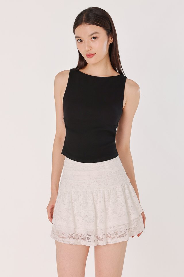 ERIS PADDED BOAT NECK SIDE RUCHED RIBBED TOP (BLACK)