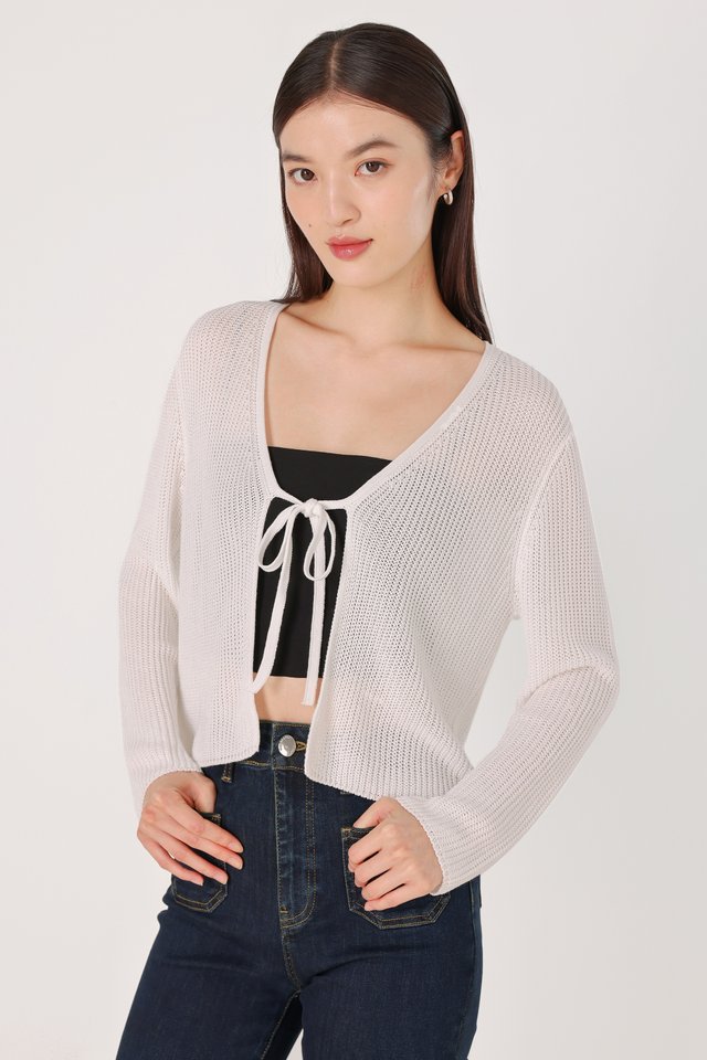BONNIE RIBBON-TIE POINTELLE KNIT CARDIGAN (OFF-WHITE)