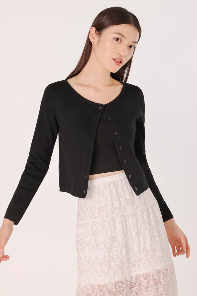 IRENE CREW NECK BUTTON KNIT CARDIGAN (BLACK)