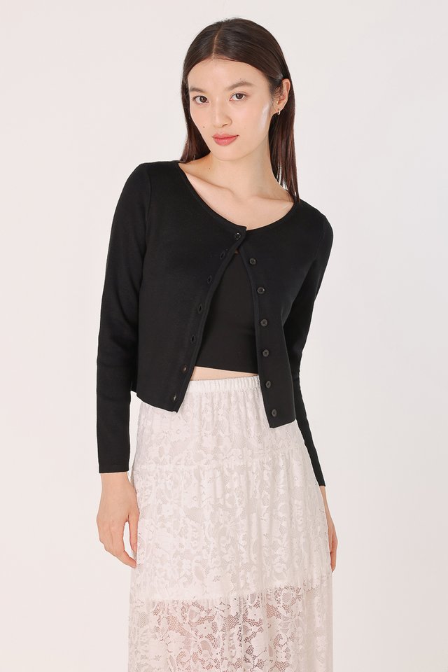 IRENE CREW NECK BUTTON KNIT CARDIGAN (BLACK)