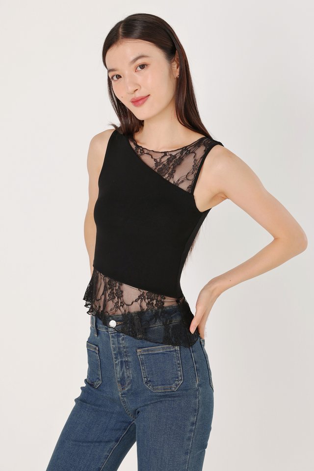 ALORA PADDED ASYMMETRICAL LACE TOP (BLACK)