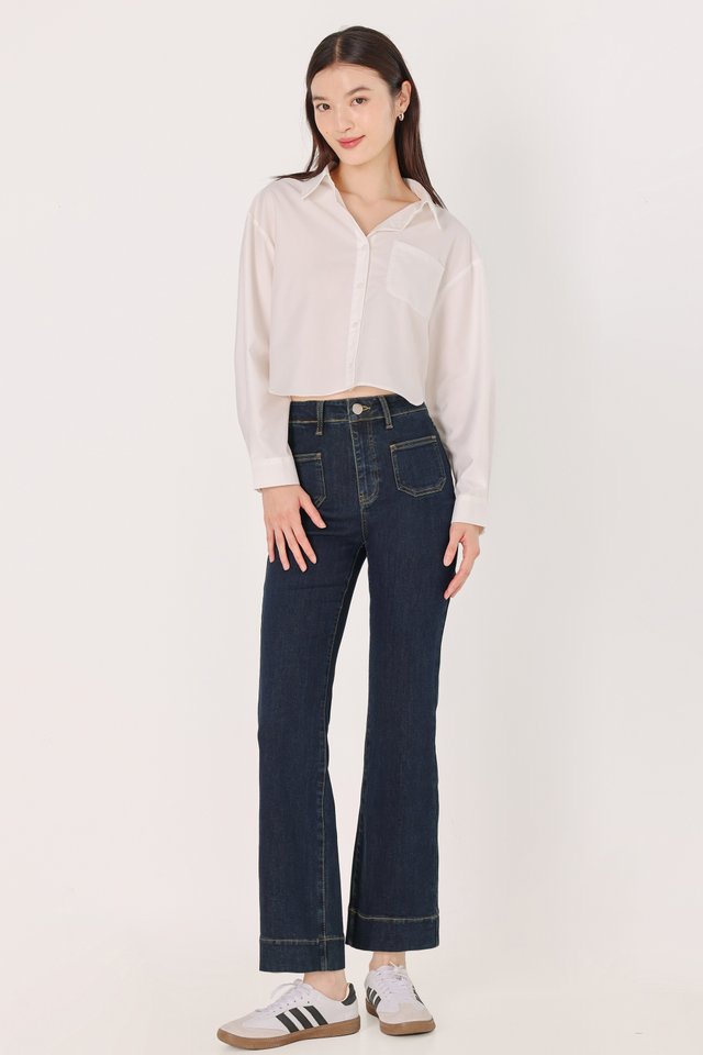 CARSEN BOXY COTTON POPLIN CROPPED BUTTON UP SHIRT (WHITE)