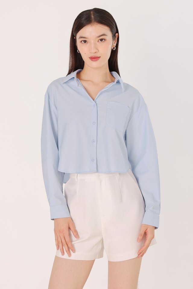 CARSEN BOXY COTTON POPLIN CROPPED BUTTON UP SHIRT (BLUE)