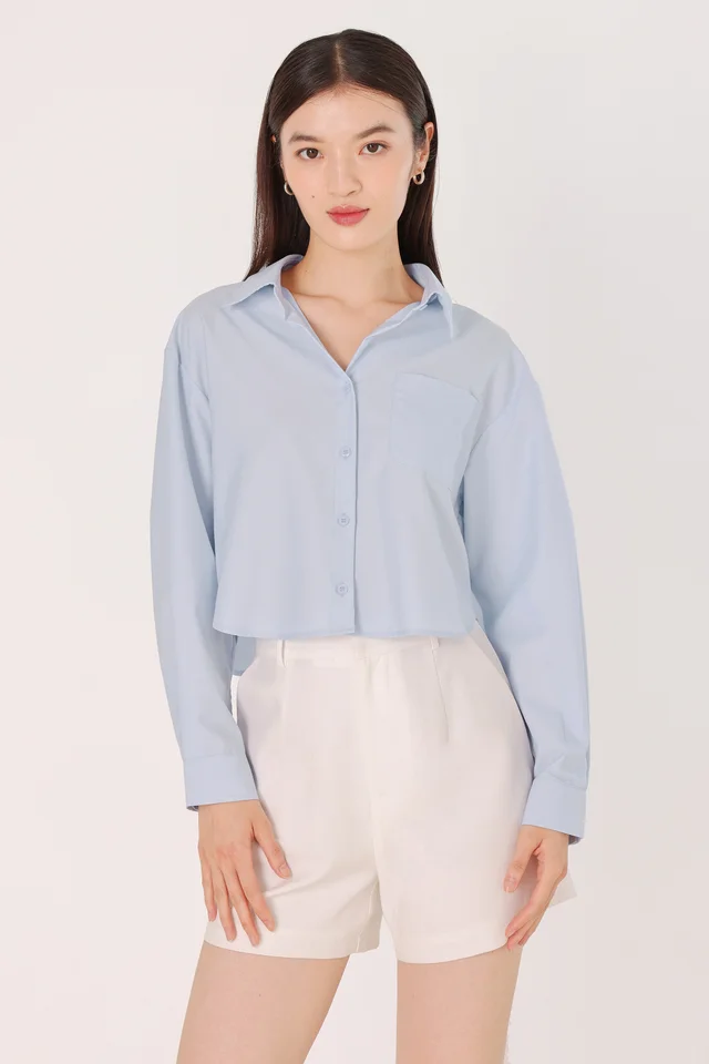 CARSEN BOXY COTTON POPLIN CROPPED BUTTON UP SHIRT (BLUE)