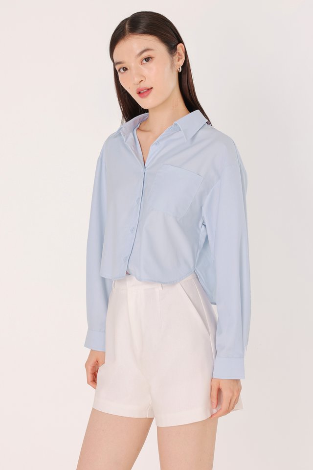 CARSEN BOXY COTTON POPLIN CROPPED BUTTON UP SHIRT (BLUE)