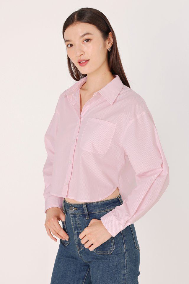 CARSEN BOXY COTTON POPLIN CROPPED BUTTON UP SHIRT (PINK STRIPED)