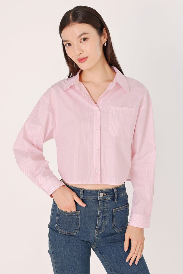 CARSEN BOXY COTTON POPLIN CROPPED BUTTON UP SHIRT (PINK STRIPED)