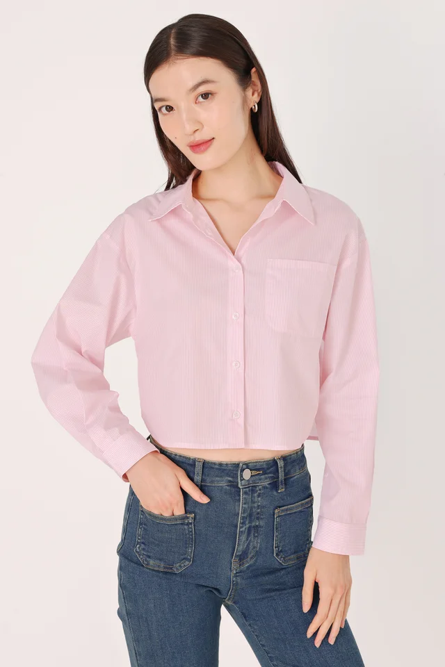 CARSEN BOXY COTTON POPLIN CROPPED BUTTON UP SHIRT (PINK STRIPED)