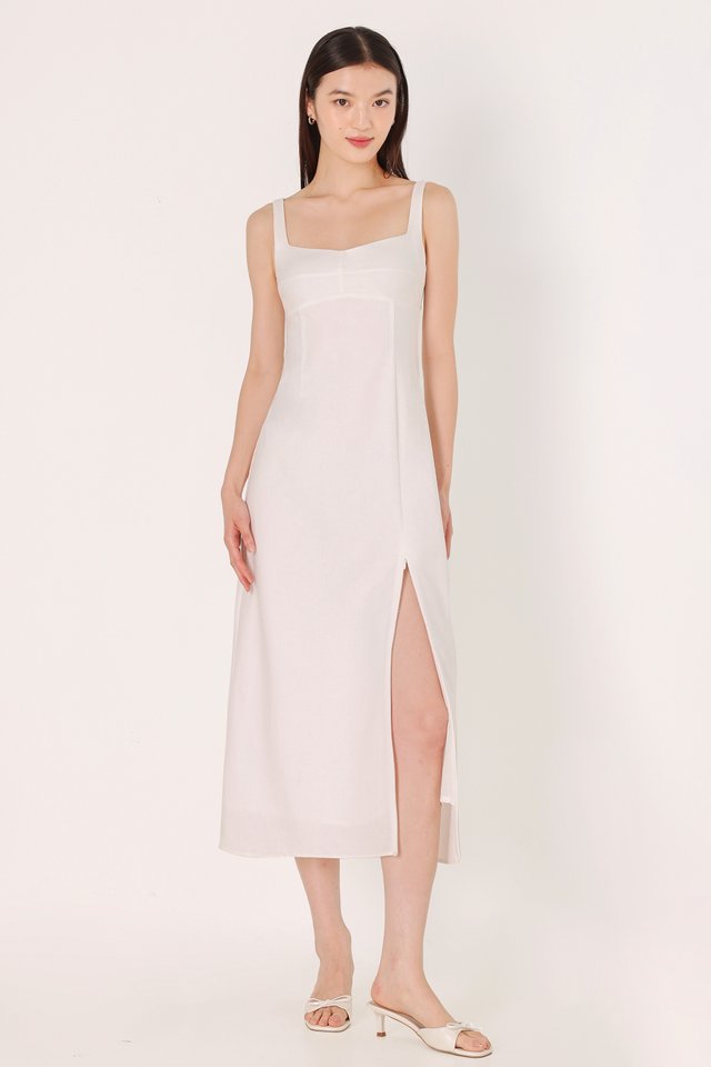JULIANA PADDED LINEN BUSTLINE SLIT MIDAXI DRESS (WHITE)