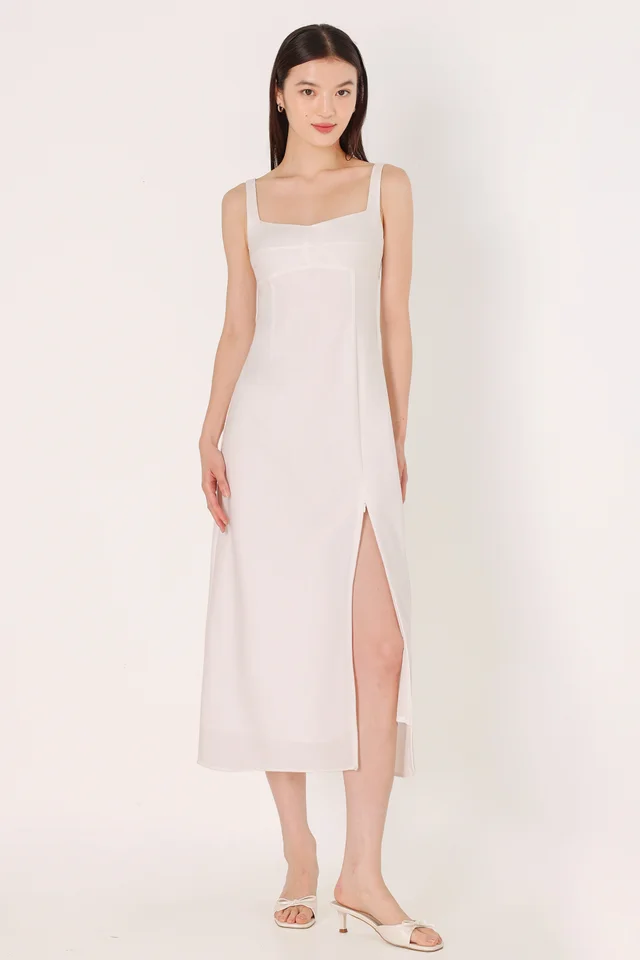 JULIANA PADDED LINEN BUSTLINE SLIT MIDAXI DRESS (WHITE)