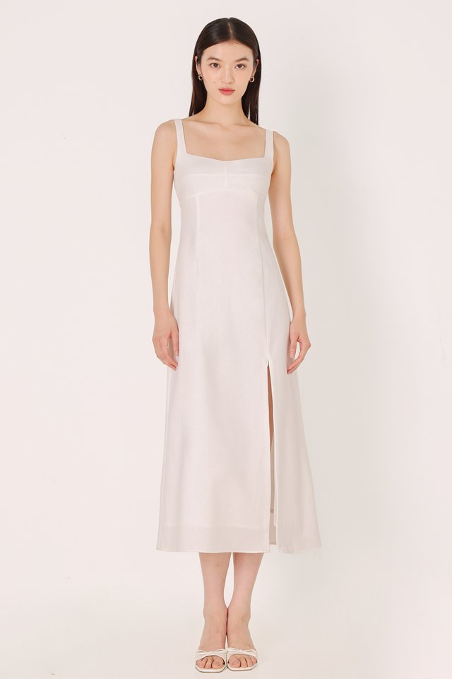 JULIANA PADDED LINEN BUSTLINE SLIT MIDAXI DRESS (WHITE)