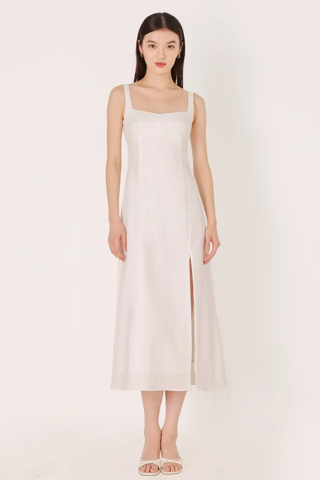 JULIANA PADDED LINEN BUSTLINE SLIT MIDAXI DRESS (WHITE)