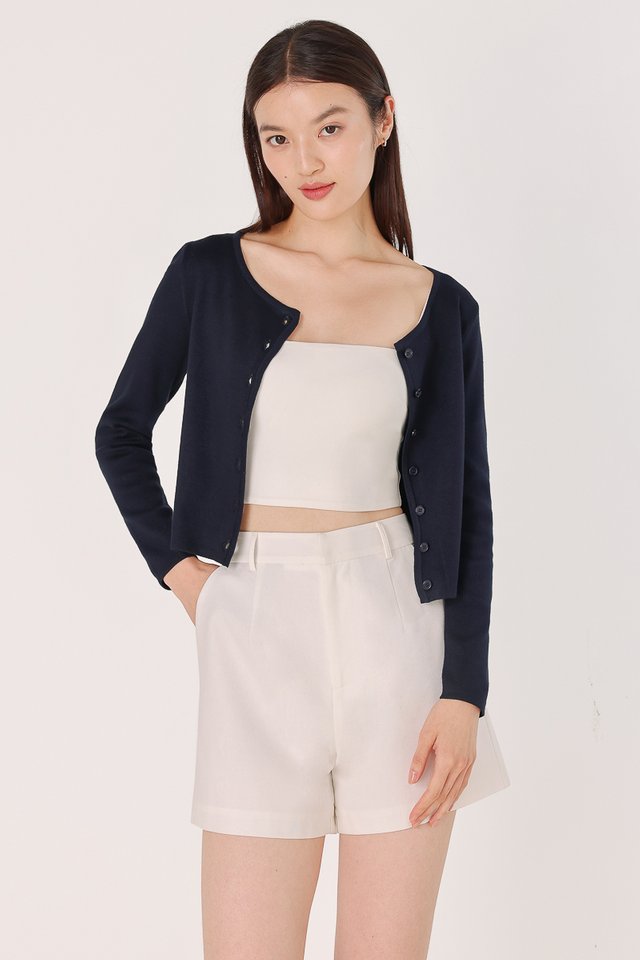 IRENE CREW NECK BUTTON KNIT CARDIGAN (NAVY)