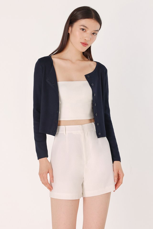 IRENE CREW NECK BUTTON KNIT CARDIGAN (NAVY)