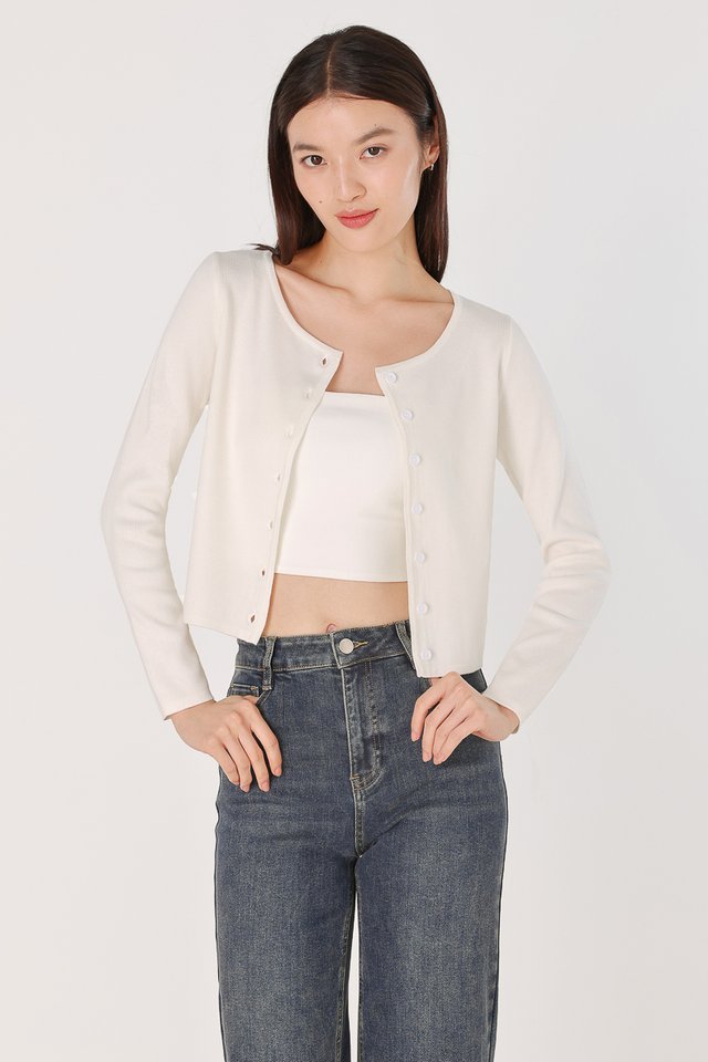 IRENE CREW NECK BUTTON KNIT CARDIGAN (WHITE)