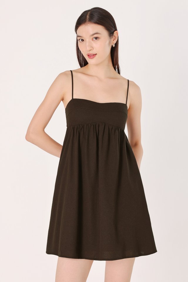ALLY PADDED LINEN SWEETHEART BUSTLINE BABYDOLL CAMI DRESS (BROWN)