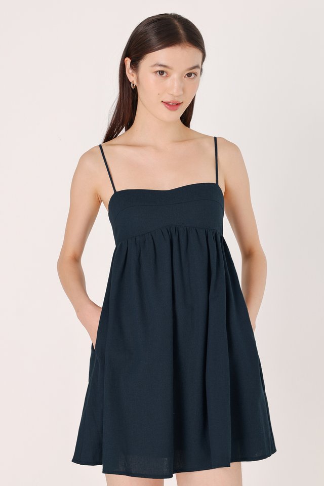 ALLY PADDED LINEN SWEETHEART BUSTLINE BABYDOLL CAMI DRESS (MIDNIGHT)