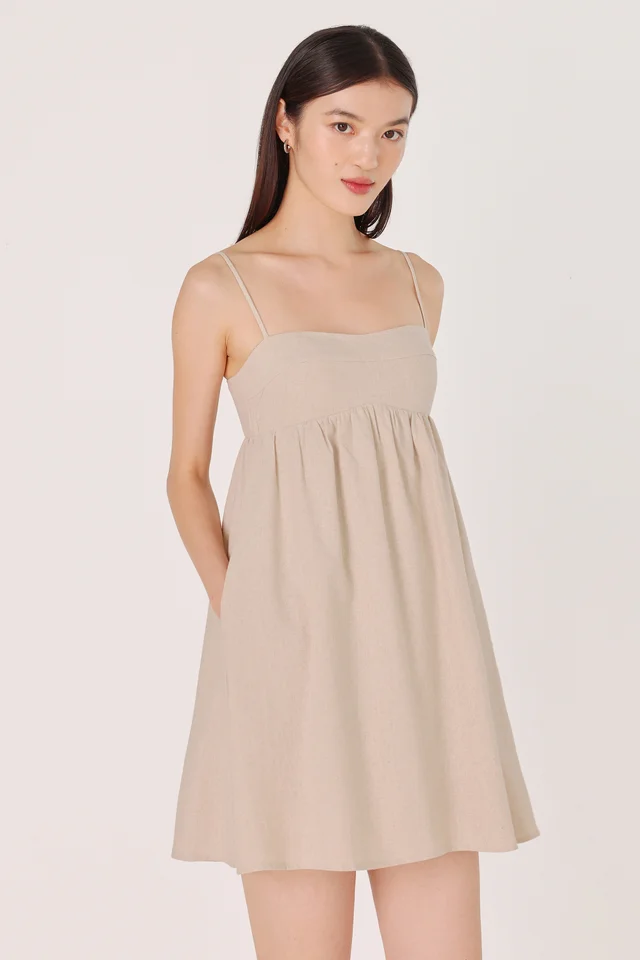 ALLY PADDED LINEN SWEETHEART BUSTLINE BABYDOLL CAMI DRESS (NATURAL)