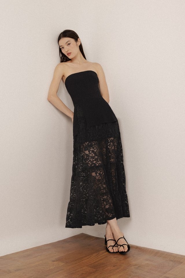 VIANNA LACE TIERED MAXI SKIRT - PETITE (BLACK)