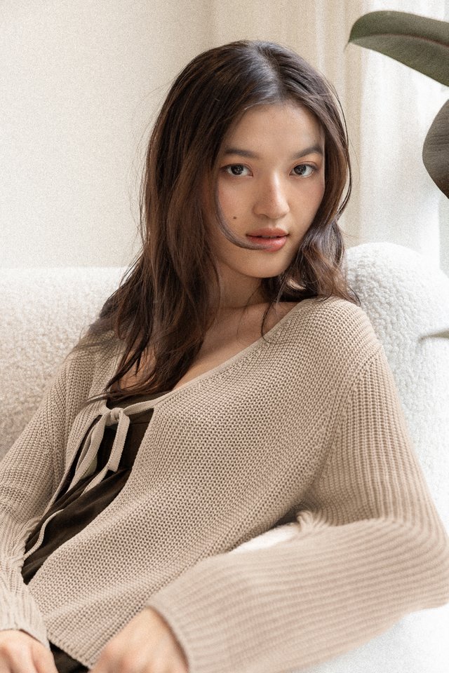 BONNIE RIBBON-TIE POINTELLE KNIT CARDIGAN (TAUPE)