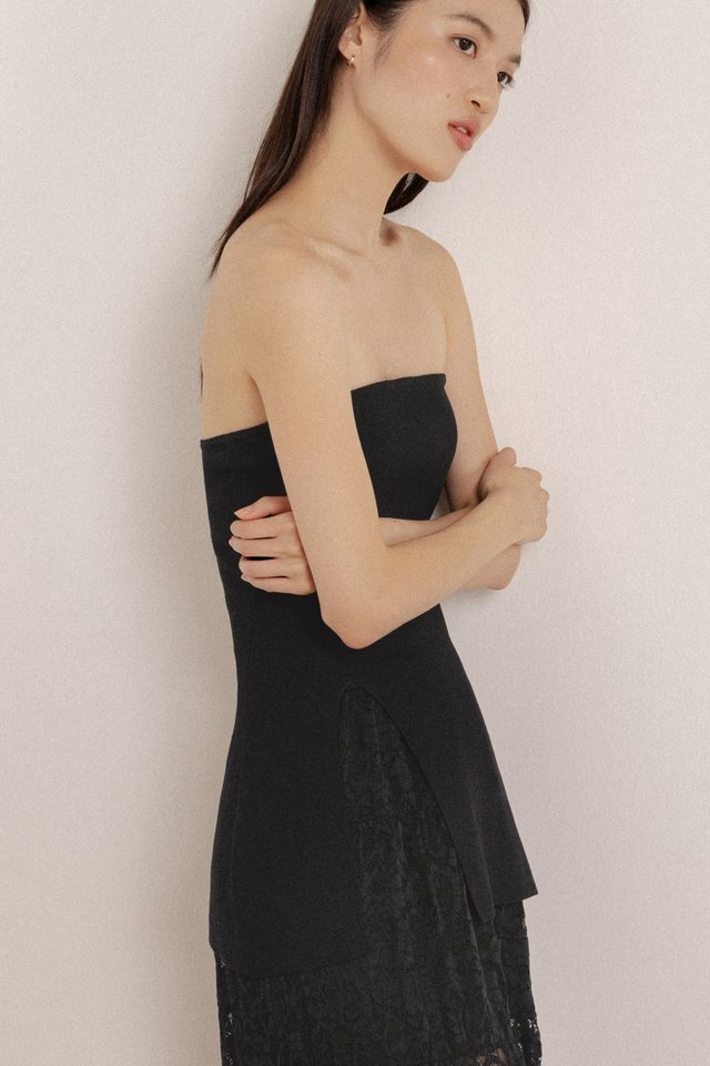 CARYN FRONT SLIT LONGLINE TUBE KNIT TOP (BLACK)