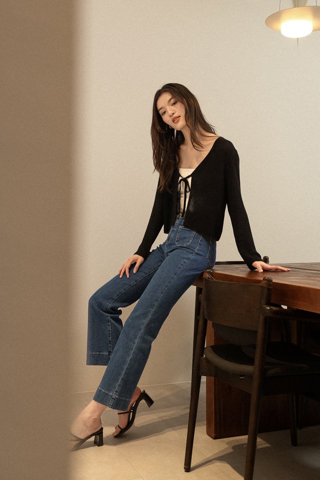 BONNIE RIBBON-TIE POINTELLE KNIT CARDIGAN (BLACK)