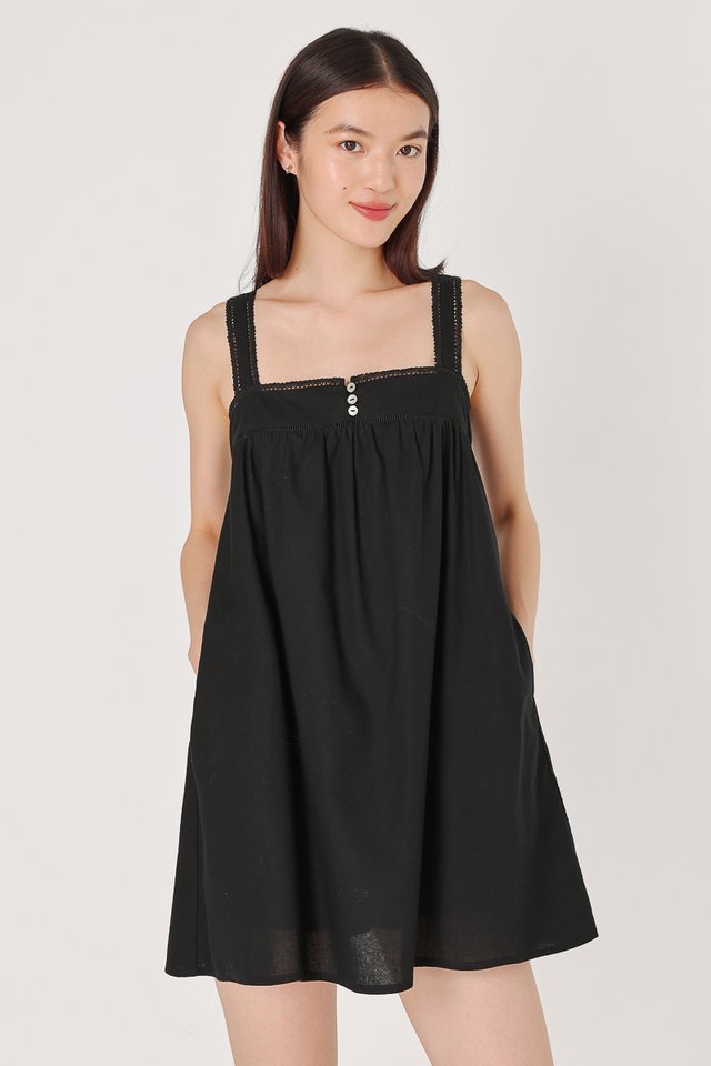 ABELLA PADDED LINEN LACE TRIM SHELL BUTTON TENT DRESS (BLACK)