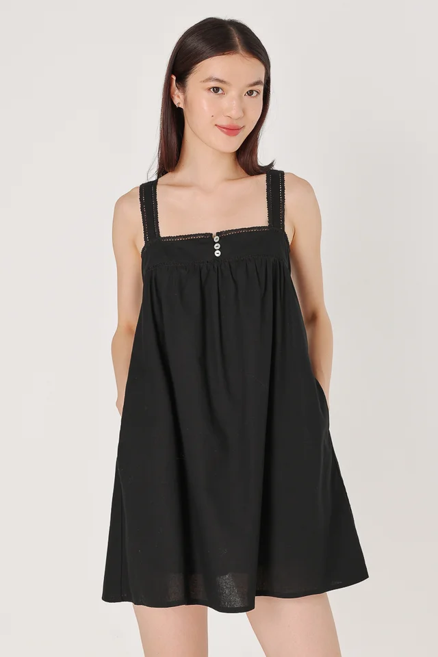 ABELLA PADDED LINEN LACE TRIM SHELL BUTTON TENT DRESS (BLACK)