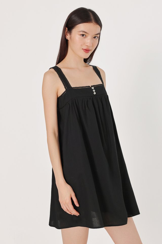 ABELLA PADDED LINEN LACE TRIM SHELL BUTTON TENT DRESS (BLACK)